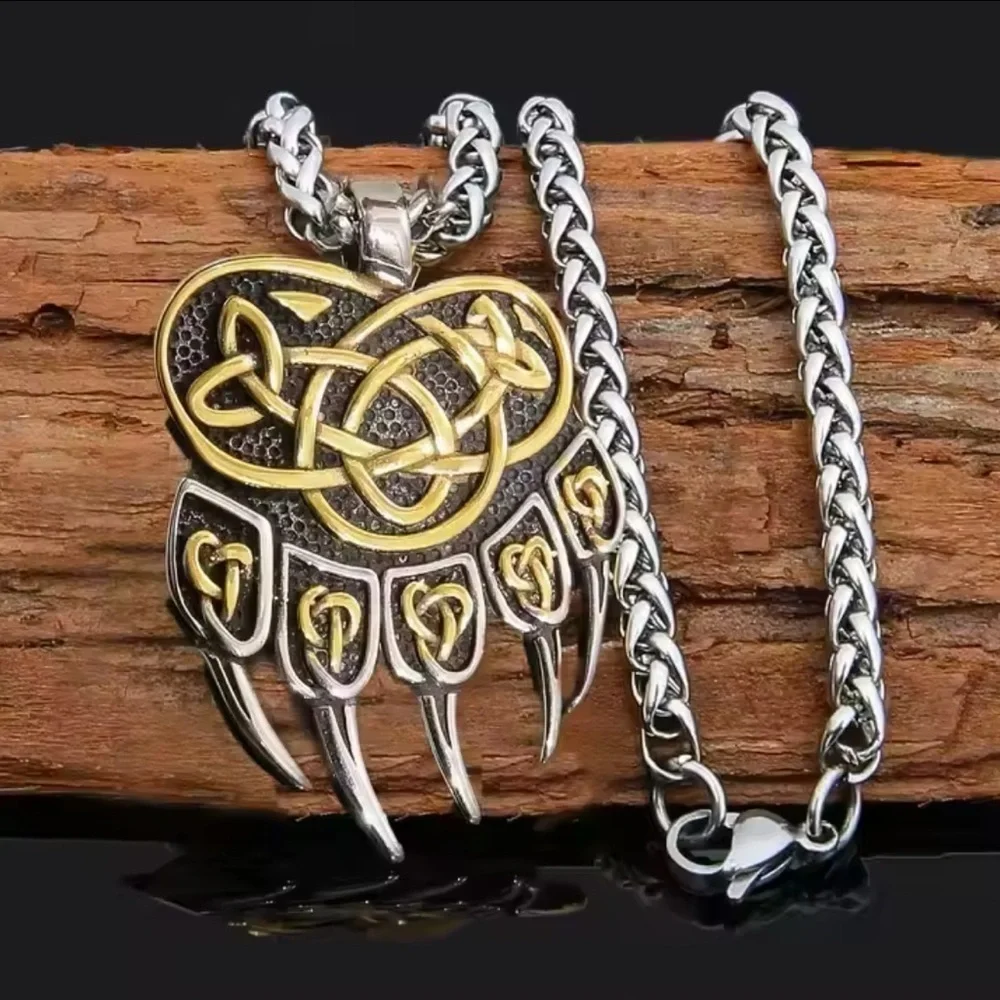 18K White & Gold Bear Claw Viking Celtic Pendant Necklace Witch Biker Unisex.